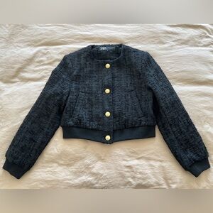 Zara Women's Black Textured Bomber Jacket with Gold Buttons